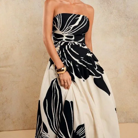 Black And White Elegant Women's Ruched Printed Dress - Picture 5 of 7